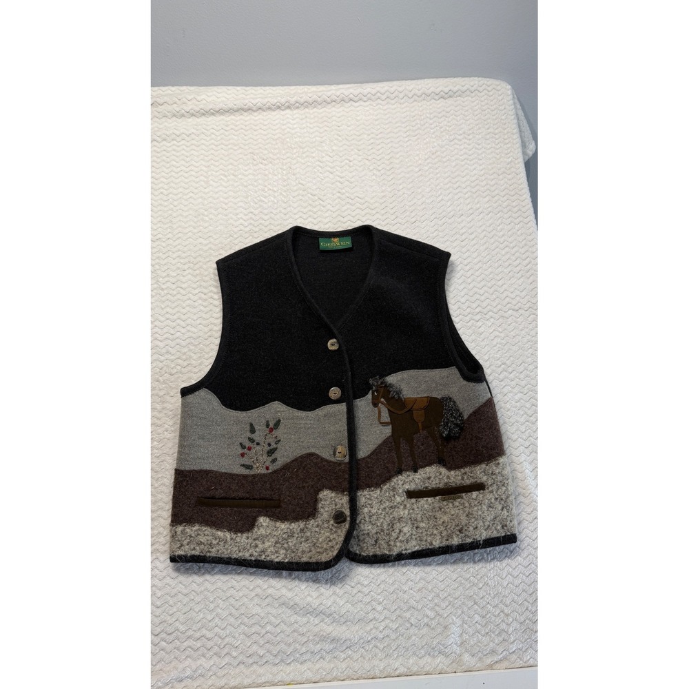 Giesswein Austria Pure New Wool Horse Scenic Landscape Vest Grey Brown Womens 16